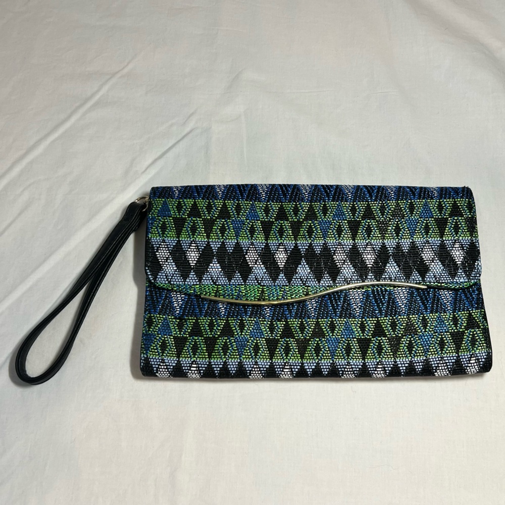 Woven‎ Clutch Bag Wristlet Blue/Green/Black Geometric Abstract Pattern - Picture 4 of 15